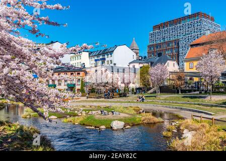 NORRKOPING, SCHWEDEN, 23. APRIL 2019: Am Ufer des Motala strom in Norrkoping, Schweden, spazieren Menschen Stockfoto