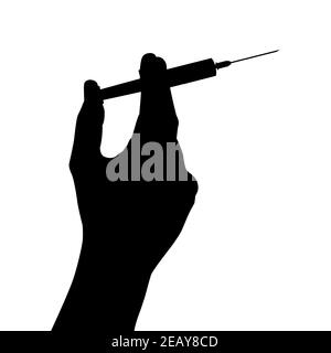 Schwarze Hand Silhouette hält eine Spritze mit einem Impfstoff. Impfkonzept. Vektorgrafik Stock Vektor