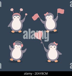 Niedlichen Pinguin Spielen Verschiedene Posen Cartoon Charakter-Set Stock Vektor