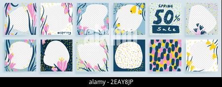 Handgezeichnete abstrakte florale quadratische Vorlagen für Social-Media-Beiträge. Vektor Doodle Hintergründe Stock Vektor