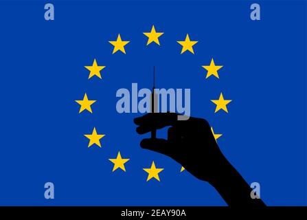Schwarze Hand Silhouette hält eine Spritze mit einem Impfstoff gegen EU-Flagge. Impfung im Konzept der Europäischen Union. Vektorgrafik Stock Vektor
