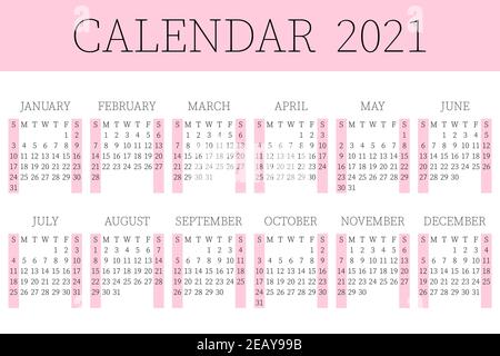 2021 Kalenderplaner. Сorporate Woche. Vorlagenlayout, 12 Monate jährlich, weißer und rosa Hintergrund. Einfaches Design für Business-Broschüre, Flyer Stock Vektor