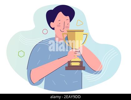 Mann halten Trophäe Lächeln glücklich mit Cartoon flachen Stil Stock Vektor