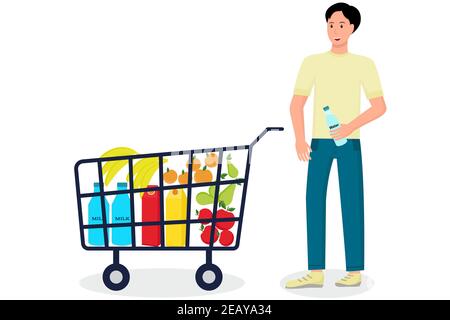 Ein Mann mit Lebensmitteln im Wagen. Ein Mann hält eine Flasche Wasser und kauft Lebensmittel, Vektor. Konzept, Karikatur. Stock Vektor