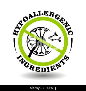 Vektor-Stempel hypoallergene Zutaten mit Löwenzahn Illustration. Rundes Symbol für nicht allergische Verpackungen kosmetischer und chemischer Produkte Stock Vektor