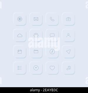 Satz von Ikonen im Neumorphismus-Stil. Fotos, E-Mail, Einstellungen, Telefonsymbole. Kamera-, Navigations-, Musik-, Ordner- und Kalendersymbole. Vektorgrafik Stock Vektor