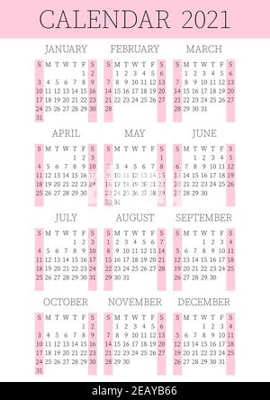 2021 Kalenderplaner. Сorporate Woche. Vorlagenlayout, 12 Monate jährlich, weißer und rosa Hintergrund. Einfaches Design für Business-Broschüre, Flyer Stock Vektor