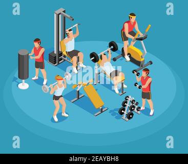 Gym isometrische Vorlage mit Menschen und Sportgeräte in bunten Stil auf blauem Hintergrund Vektorgrafik Stock Vektor
