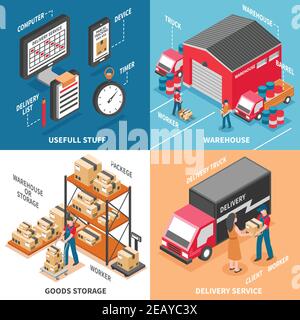 Logistik 2x2 Design-Konzept mit Arbeitern in der Beladung Lieferung beteiligt LKW-und Warenlager isometrische Symbole Vektor-Illustration Stock Vektor