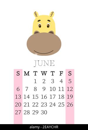 Kalender 2021. Monatskalender für Juni 2021 von Sonntag bis Samstag. Jahresplaner. Vorlagen mit niedlichen handgezeichneten Gesicht Tiere. Vektor Stock Vektor