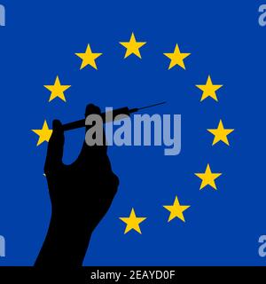Schwarze Hand Silhouette hält eine Spritze mit einem Impfstoff gegen EU-Flagge. Impfung im Konzept der Europäischen Union. Vektorgrafik Stock Vektor