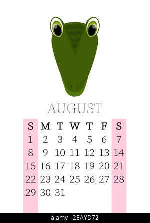 Kalender 2021. Monatskalender für August 2021 von Sonntag bis Samstag. Jahresplaner. Vorlagen mit niedlichen handgezeichneten Gesicht Tiere. Vektor Stock Vektor