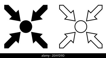 Symbolschild Treffpunkt, Veranstaltungszentrum, Vektorpfeile zeigen auf Mittelpunkt Kreis Treffpunkt, Epizentrum Stock Vektor