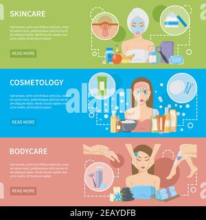 Kosmetologie und Spa-Verfahren horizontale Banner mit Hautpflege und Körperpflege Design Kompositionen flache Vektor-Illustration Stock Vektor