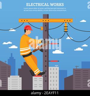 Elektrische Arbeiten flache Vektor-Illustration von Elektriker arbeiten mit hoch Spannungsgeräte an der Netzstromversorgung Stock Vektor