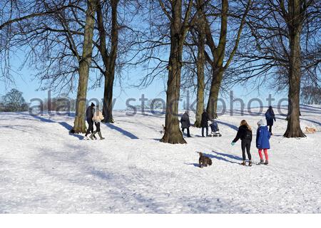 Edinburgh, Schottland, Großbritannien. Februar 2021, 11th. Menschen genießen einen herrlichen sonnigen, aber eiskalten Morgen in einem schneebedeckten Inverleith Park. Kredit: Craig Brown/Alamy Live Nachrichten Stockfoto