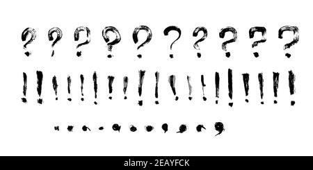 Handgezeichnetes Ausrufezeichen, Fragezeichen, Symbol für Annahme und Ablehnung. Satzzeichen im Grunge-Texturstil. Tastenmarkierungen, Auswahloption Stock Vektor