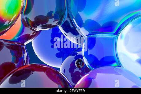 Glaskugeln mit lebendigen Farben, 3D Rendering. Digitale Zeichnung des Computers. Stockfoto