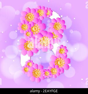 Internationaler Frauentag. Entwurf für Flyer, Postkarte, Grußkarten für März 8. Blumen in Form der Zahl acht auf hellem Hintergrund. Stock Vektor