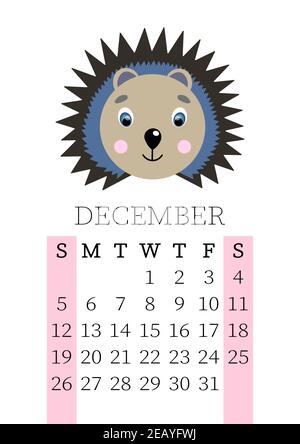 Kalender 2021. Monatskalender für Dezember 2021 von Sonntag bis Samstag. Jahresplaner. Vorlagen mit niedlichen handgezeichneten Gesicht Tiere. Vektor Stock Vektor