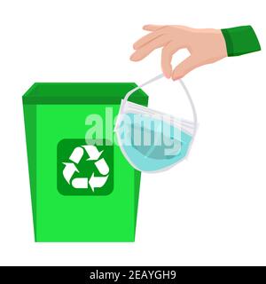 Trash bin, hand and away used medical mask. Throwing dirty mask in the bin. Face masks in waste container. Medical waste disposal and recycling.Vector Stock Vektor