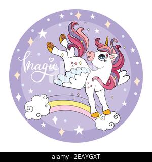 Nette Cartoon Einhorn springen auf Regenbogen. Vektor isolierte Illustration im Kreis shape.for Postkarte, Plakate, Kinderzimmer-Design, Grußkarte, Aufkleber, ro Stock Vektor