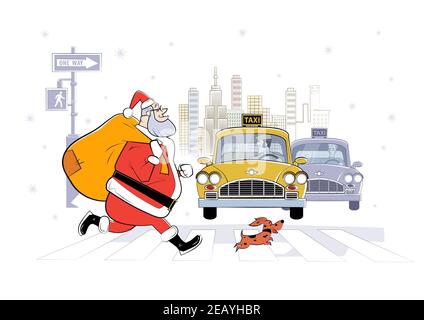 Cartoon-Illustration des Weihnachtsmanns in New York City mit Geschenktüte und kleinem Hund. Skizzendarstellung Stock Vektor
