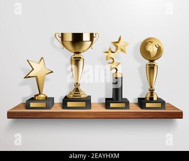 Realistisch glänzende goldene Trophäe Auszeichnungen auf Holzregal auf grau Vektordarstellung im Hintergrund Stock Vektor
