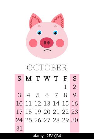 Kalender 2021. Monatskalender für Oktober 2021 von Sonntag bis Samstag. Jahresplaner. Vorlagen mit niedlichen handgezeichneten Gesicht Tiere. Vektor Stock Vektor