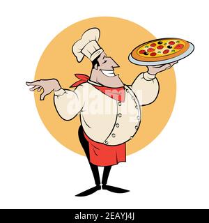 Italienischer Koch mit einer frisch gebackenen Pizza. Cartoon-Illustration. Stock Vektor