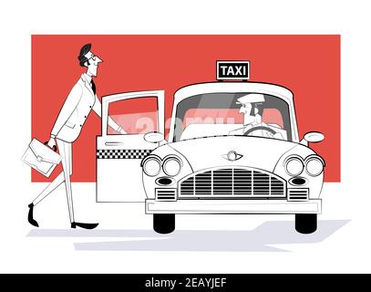 Bestellen Sie ein Taxi. Mann steigt in ein retro Taxi Auto. Geschäftsmann eilt zu einem Meeting. Vektorgrafik. Retro-Illustration im Skizzenstil. Stock Vektor