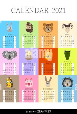Kalender 2021. Monatskalender 2021 von Sonntag bis Samstag. Jahresplaner. Vorlagen mit niedlichen handgezeichneten Gesicht Tiere. Vektorgrafik. Toll Stock Vektor