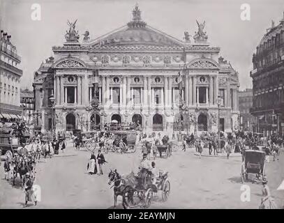 Vintage 1892 Fotografie des Pariser Opernhauses. Pferdefahrzeuge und Passanten in der Mode der Zeit gekleidet. Stockfoto