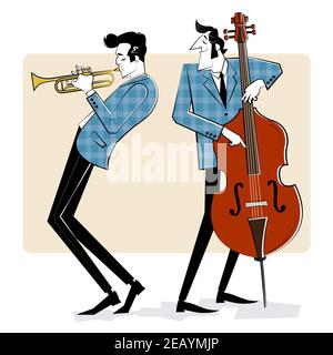 Konzept für Jazz Poster. Zwei Männer spielen Trompete und Kontrabass auf rotem Hintergrund. Skizzendarstellung. Stock Vektor