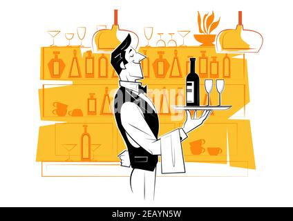 Der Kellner hält ein silbernes Tablett mit einer Flasche Wein und Weingläsern. Skizzendarstellung. Stock Vektor