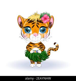Ein niedlicher Cartoon-Tiger mit schönen Augen im Bild eines Hula-Tänzerin. Hawaii, Sommer, Inseln und Urlaub. Chinesisches Neujahr 2022, Jahr der Tige Stock Vektor