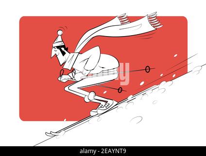 Cartoon Skifahrer auf dem Berg auf rotem Hintergrund reiten. Vektorgrafik. Stock Vektor