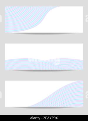 Set mit 3 Bannern in blau, pink. Vektorgrafiken verwischen Wellen, weißer Hintergrund. Pastellfarbene Wellenformen. Layouts für Flyer, Flyer, Gutschein, Website, Gutschein. EPS10 Stock Vektor