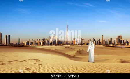 DUBAI, VEREINIGTE ARABISCHE EMIRATE - 10. Jan 2019: In diesem Bild habe ich versucht, die Entwicklung Dubais von einer Wüste zu einer der modernsten Städte auszudrücken Stockfoto