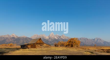 Moose, Wyoming USA - 10. Oktober 2020: Thomas A. Molton Barn in der Nähe von Mormon Row auf Antelope Flats Road in Moose, Wyoming. Die Grand Teton Mountains. Stockfoto