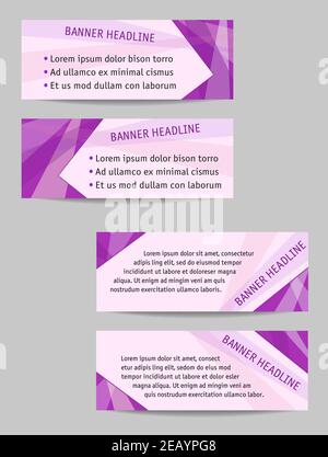 Satz von 4 Banner-Vorlagen. Magentafarbenes geometrisches Design, heller Hintergrund für Text. Vektor-Layouts für Werbung, Marketing, Poster, Landing Page. EPS10 Stock Vektor