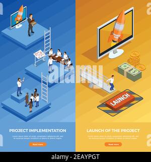 Geschäftsstrategie isometrische vertikale Banner mit Phasen der Planung und Vektordarstellung „Zielerreichung“ Stock Vektor