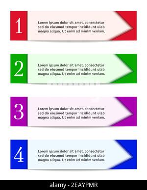 Business-Infografik, Förderung, Aktionsplan Konzept. Strategie vier Schritte. Rote, grüne, violette, blaue Banner. Aufkleber Etiketten Vektor-Design. EPS10 Stock Vektor