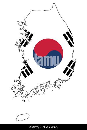 Südkorea Karte mit Flagge - Umriss eines Staates mit einer Nationalflagge, weißer Hintergrund, Vektor Stock Vektor