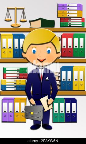 Cartoon von einem netten glücklichen Anwalt, mit einer Tasche und Bücher im Hintergrund. Diese Illustration ist Teil einer Sammlung verschiedener Berufe. Stockfoto
