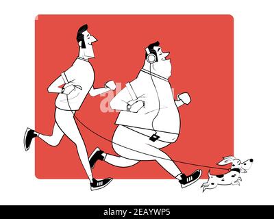 Gesunder Lebensstil, aktives Leben, Sport. Zwei lächelnde Läufer und ein kleiner Hund. Morgendlicher Lauf im Park. Retro-Illustration im Skizzenstil. Stock Vektor