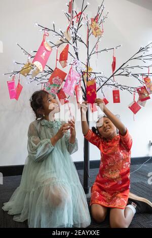 (210211) -- CANBERRA, 11. Februar 2021 (Xinhua) -- das Foto vom 9. Februar 2021 zeigt zwei Mädchen unter einem mit roten Umschlägen geschmückten Baum zum chinesischen Neujahr in Canberra, Australien. Die Chinesen in der australischen Hauptstadt Canberra finden verschiedene Möglichkeiten, um eine Atmosphäre für das Frühlingsfest zu schaffen.ZUM "Chinesischen Neujahr in der australischen Hauptstadt mit Klößen, Klößen und Wünschen der baldigen Rückkehr nach China" (Foto: Chu Chen/Xinhua) Stockfoto