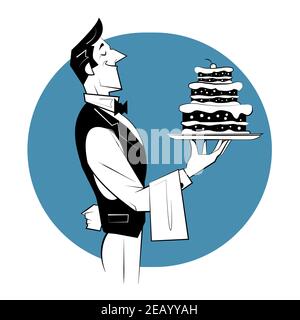 Lächelnder Kellner mit Kuchen. Retro-Illustration im Skizzenstil. Stock Vektor