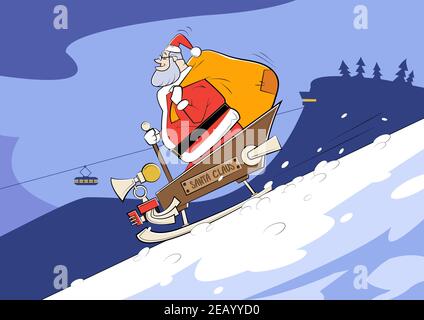 Cartoon Weihnachtsmann geht den Berg hinunter in Schlitten mit Beutel mit Geschenken Stock Vektor