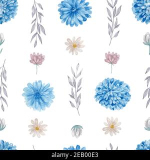 Aquarell blau und weiß Blumen auf weißem Hintergrund wiederholbare Muster. Stockfoto